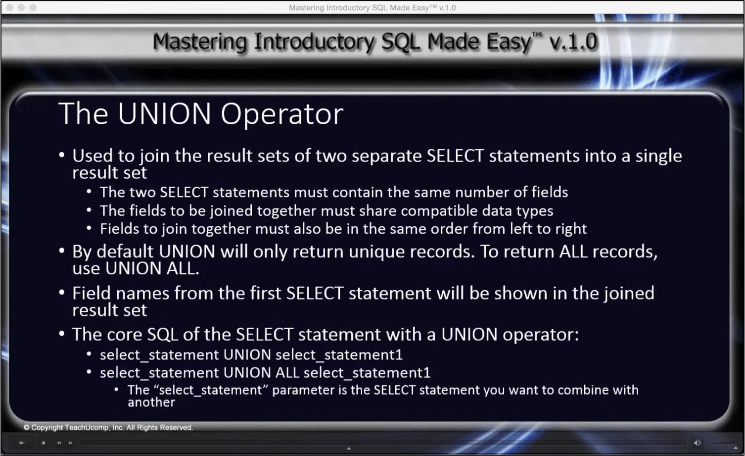 The UNION Operator in SQL Tutorial Inc.