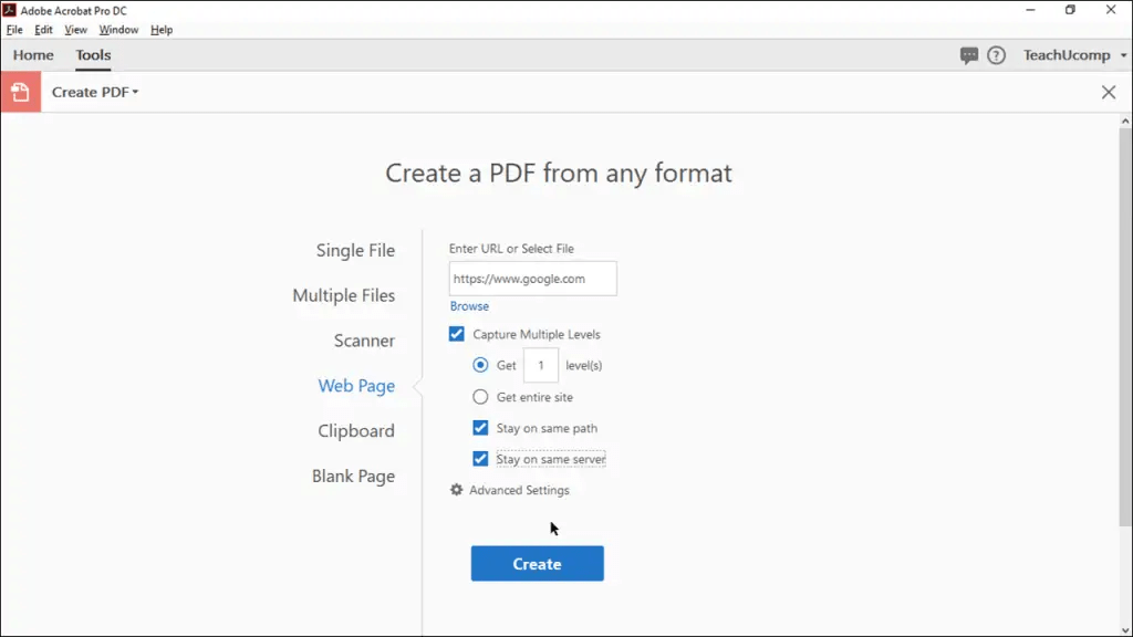 Create a PDF from a Web Page in Acrobat Instructions