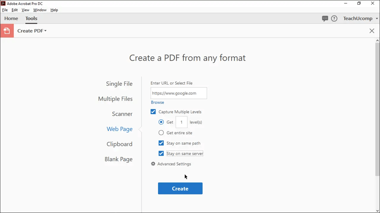 Create a PDF from a Web Page in Acrobat Instructions