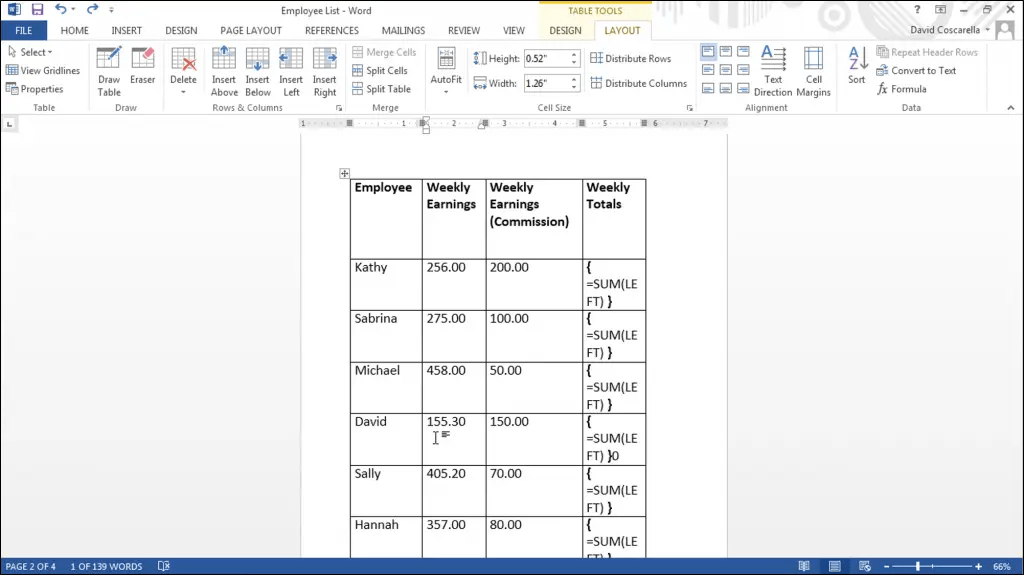 View Formulas in a Table in Word Tutorial Inc.