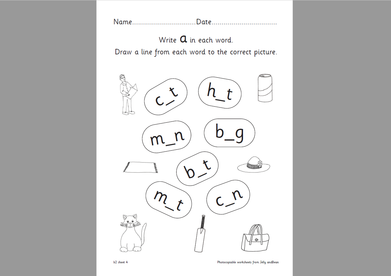 Medial Vowel ‘a’ Worksheet Handwriting and Comprehension