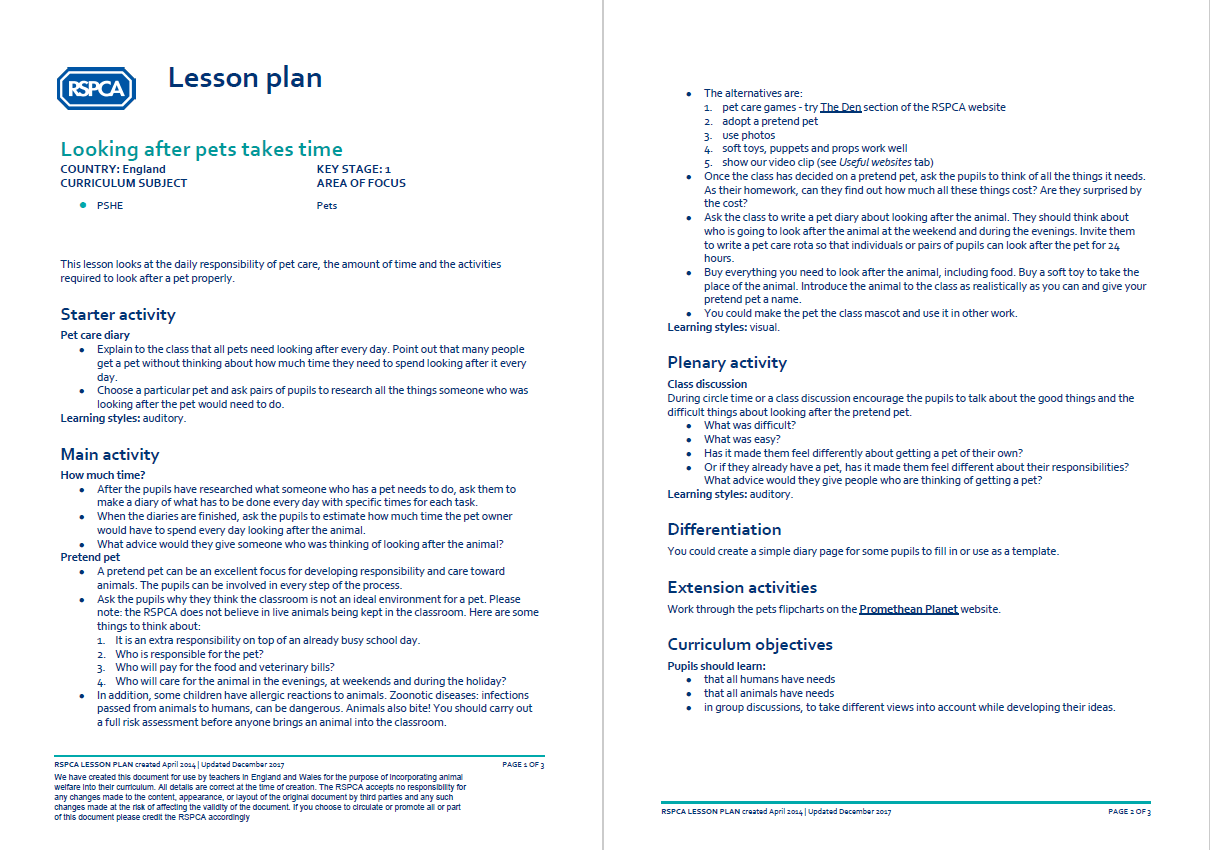RSPCA Pets KS1/2 Lesson Plan Looking After Pets Takes Time Teachwire