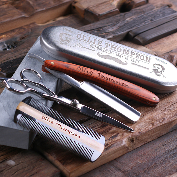 Custom Straight Razor, Comb, Scissors & Sharpening Stone Set Teals