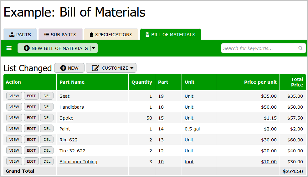 TeamDesk — Example Bill of Materials