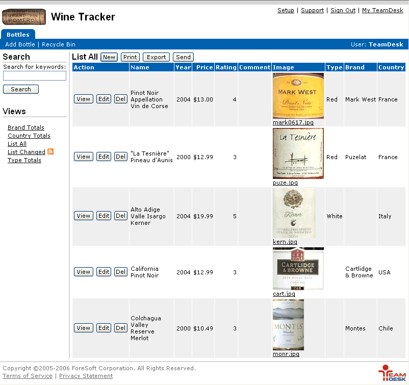 TeamDesk — Wine Tracker