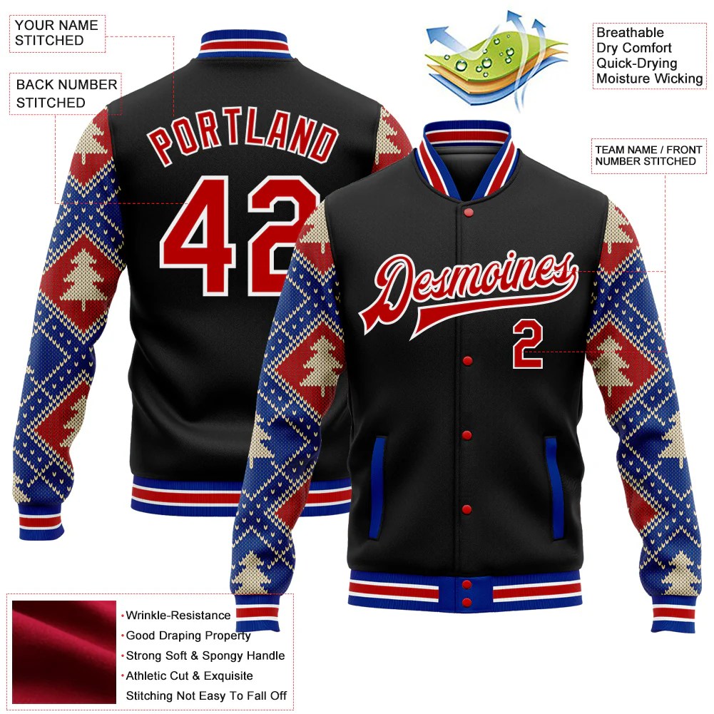 Custom Black RedRoyal Christmas 3D Bomber FullSnap Varsity Letterman