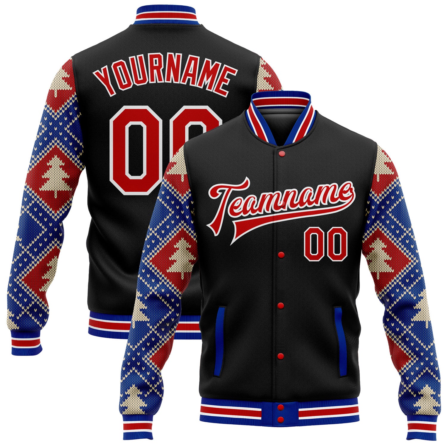 Custom Black RedRoyal Christmas 3D Bomber FullSnap Varsity Letterman