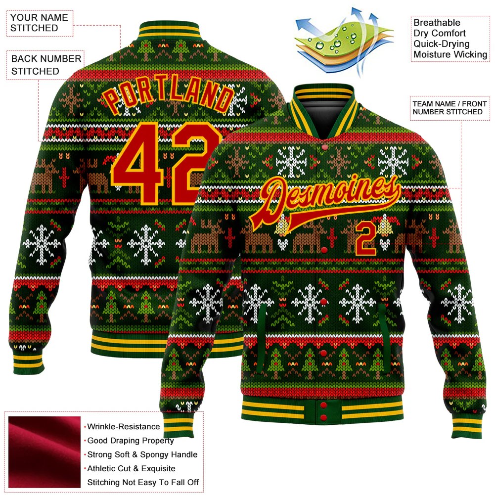 Custom Green RedGold Christmas 3D Bomber FullSnap Varsity Letterman