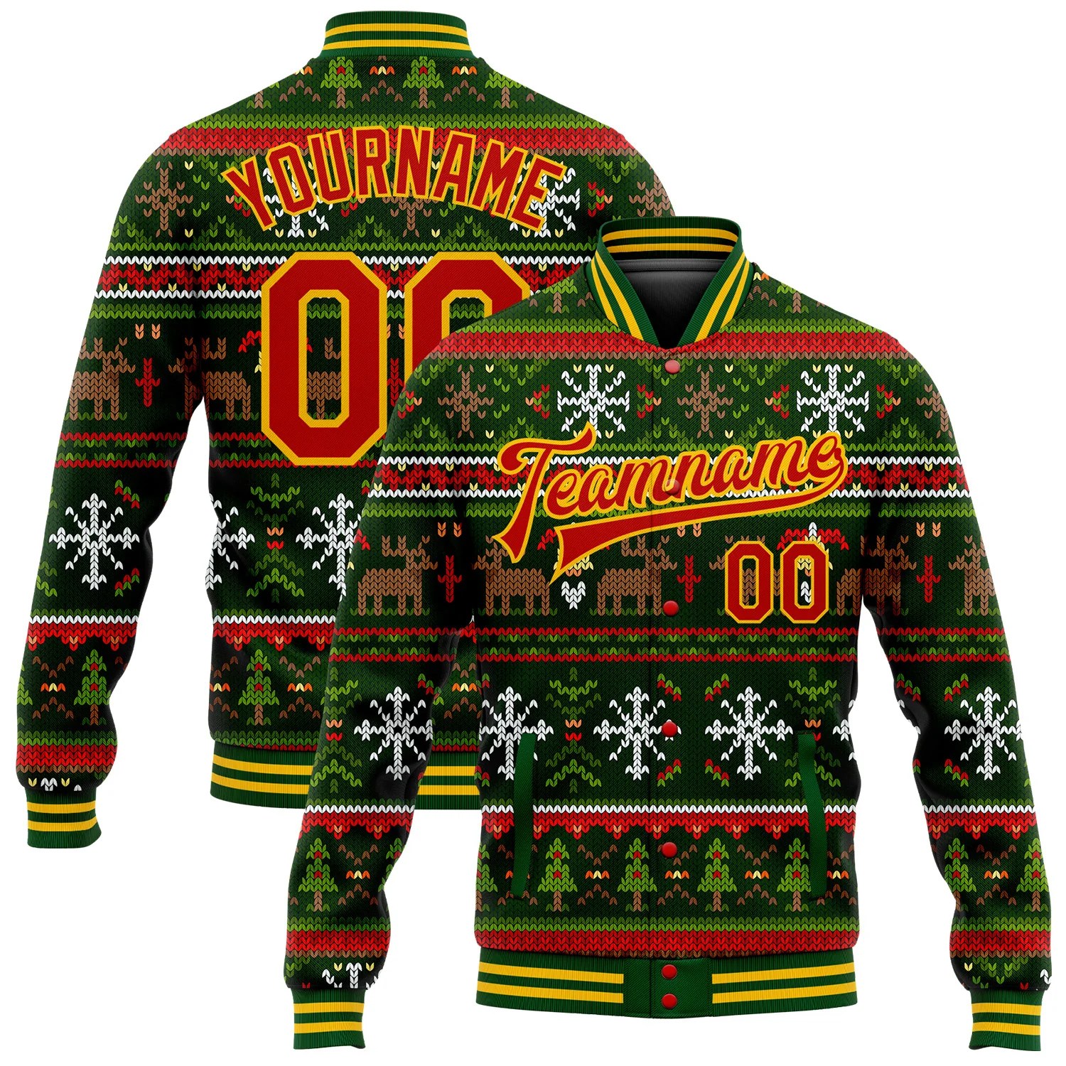 Custom Green RedGold Christmas 3D Bomber FullSnap Varsity Letterman