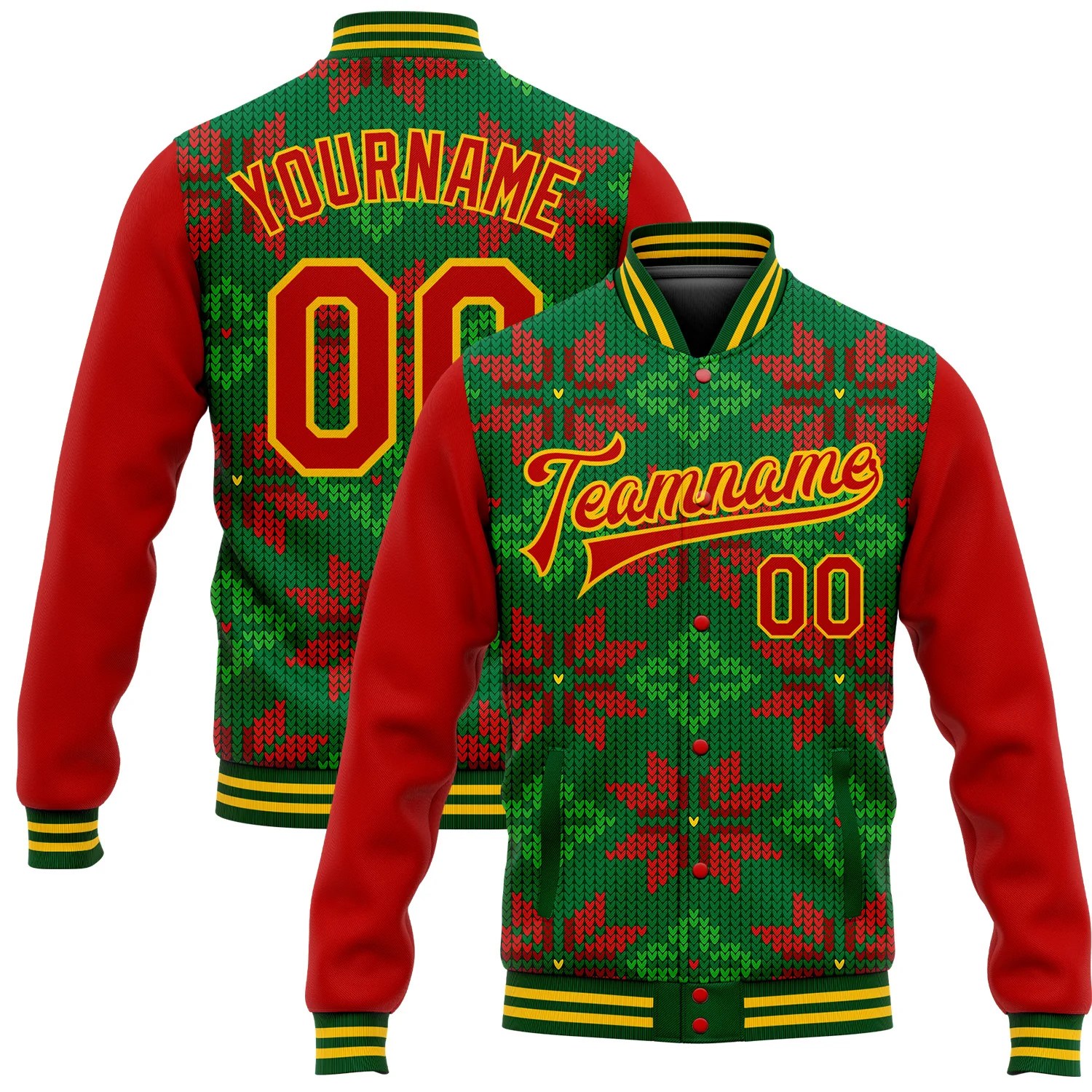 Custom Green RedGold Christmas 3D Bomber FullSnap Varsity Letterman