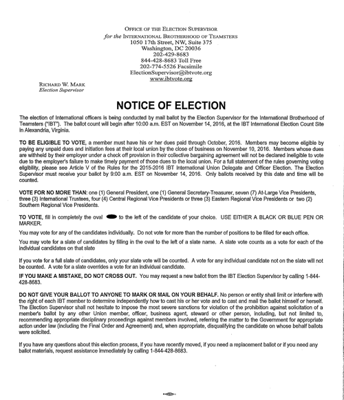 Notice of Election IBT Officer Candidates Forum Teamsters