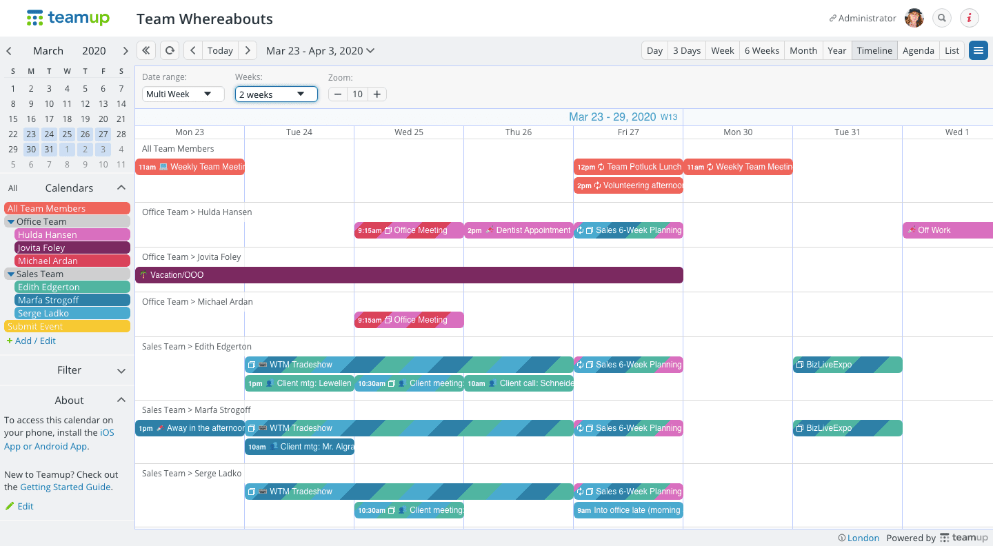 The Timeline View Teamup Calendar Shared online calendar for groups