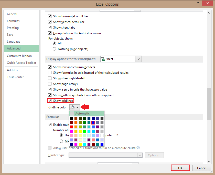 Excel 2013 Change Gridline Colors