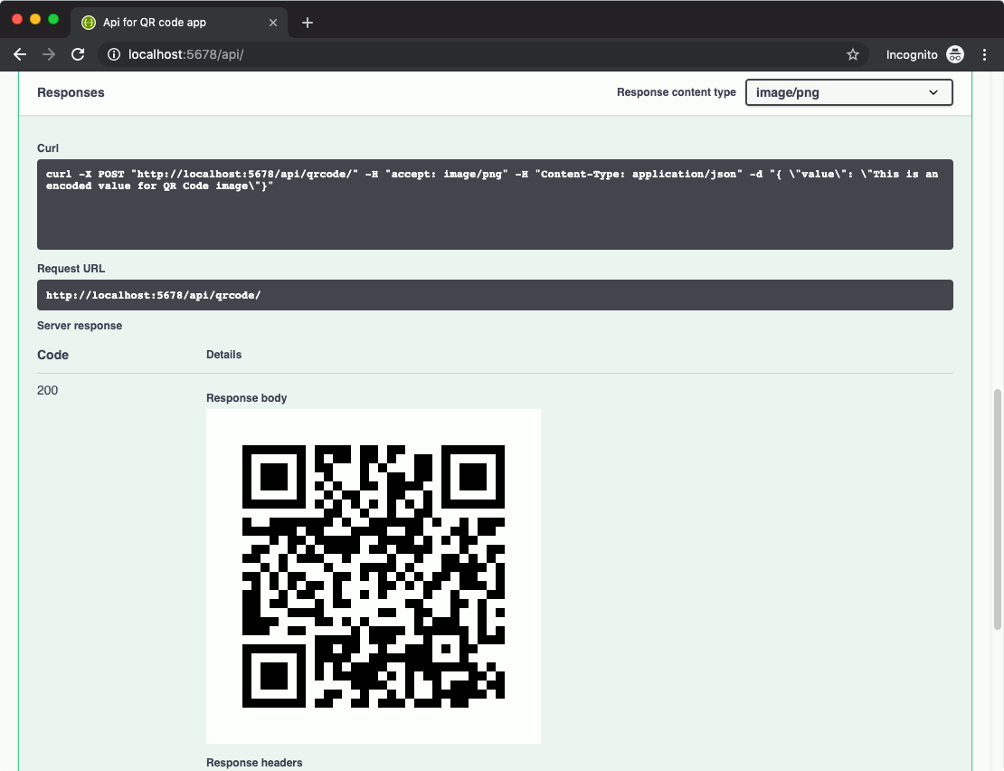 How to create an API endpoint that generates a QR Code image, with