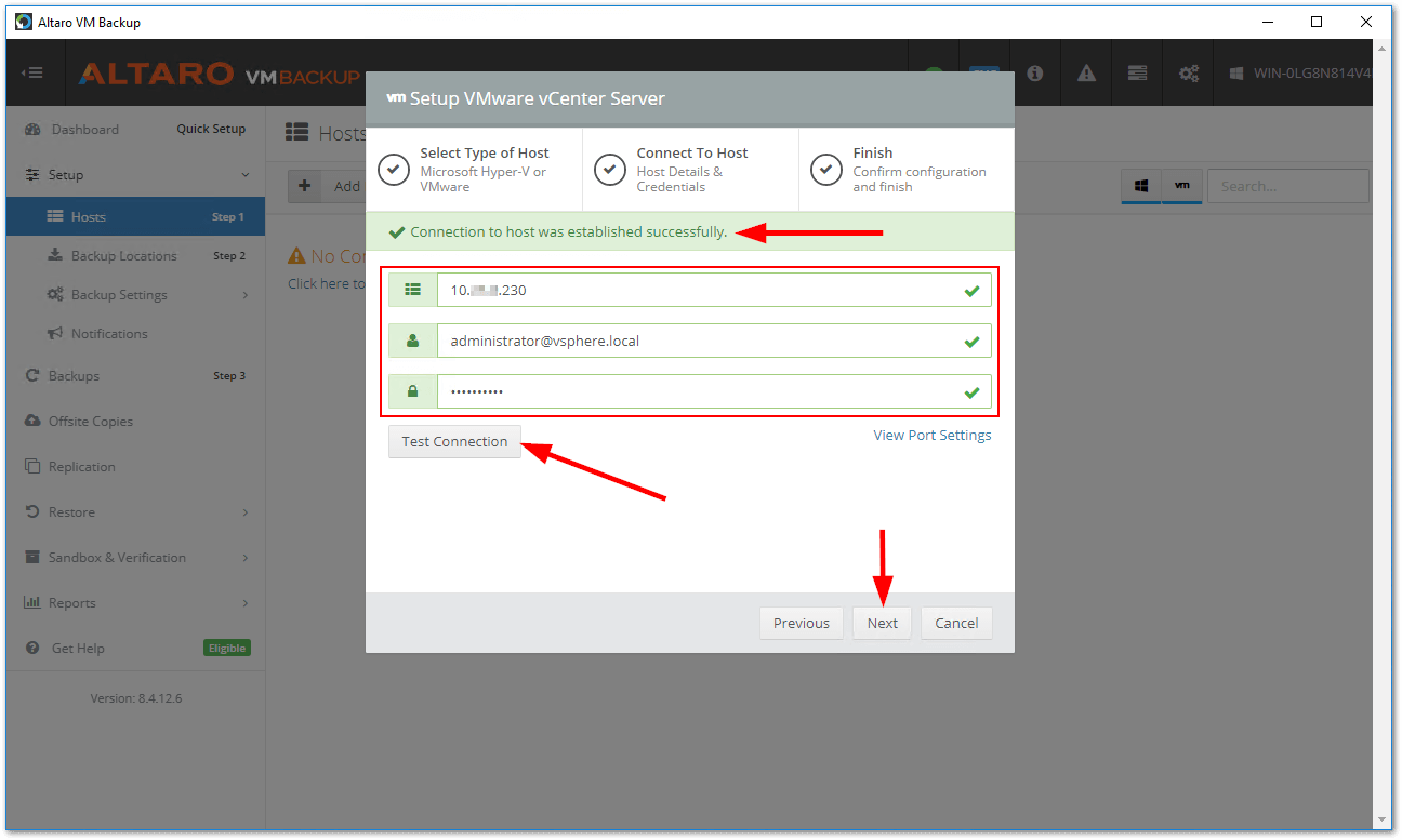 Altaro VM Backup VC credentials