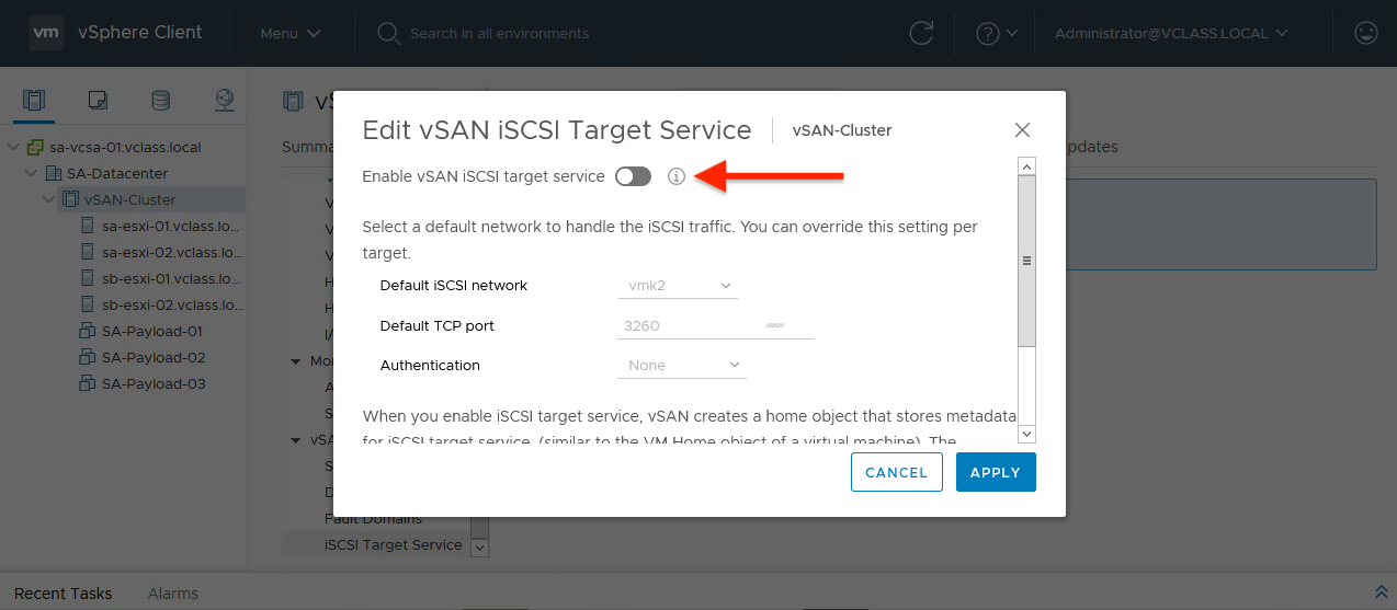 Toggle VMware vSAN iSCSI Target Service