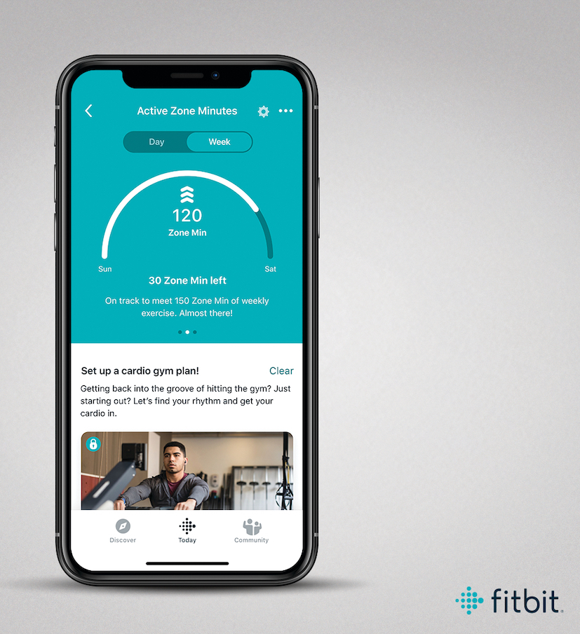 Fitbit app iOS showing Active Zone Minutes weekly view in PR template