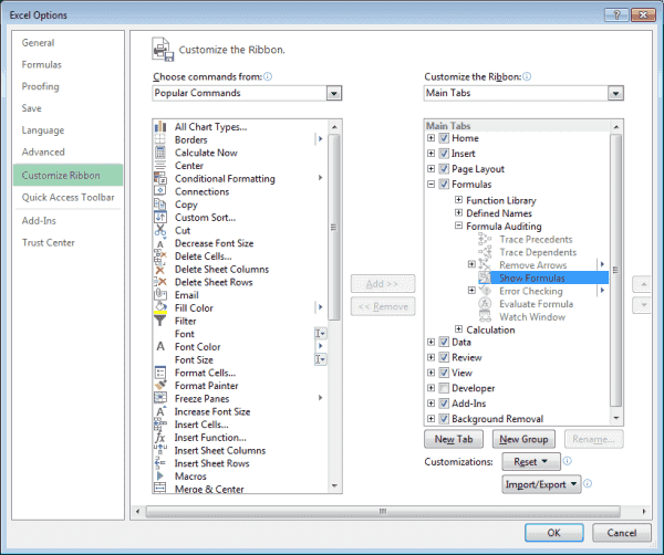 Excel 2016 & 2010 Enable/Disable Display of Formulas in Cells