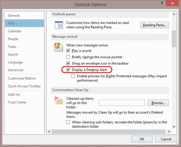 Outlook Enable or Disable Mail Alert Box
