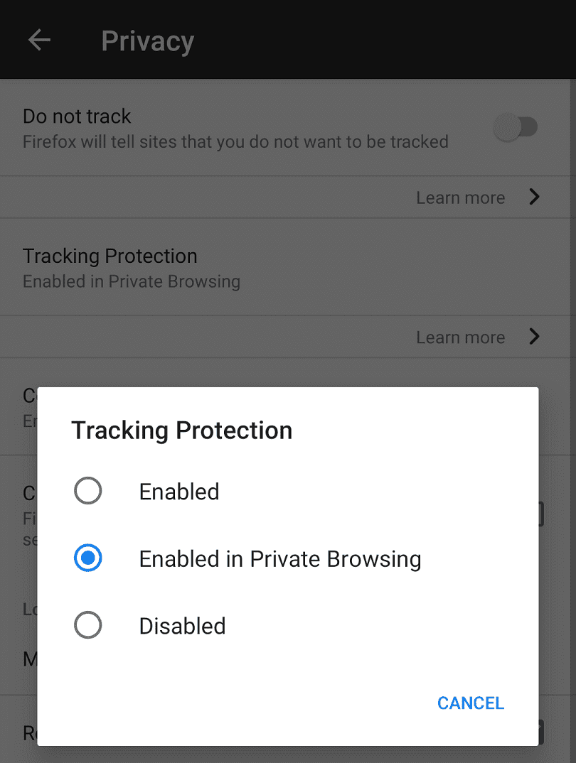 Tap “Tracking Protection” then select where you want the protection to