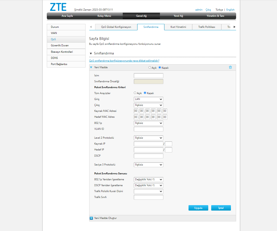 ZTE Zxhn H168a v2.0 bufferbloat için QoS ayarları nasıl yapılır