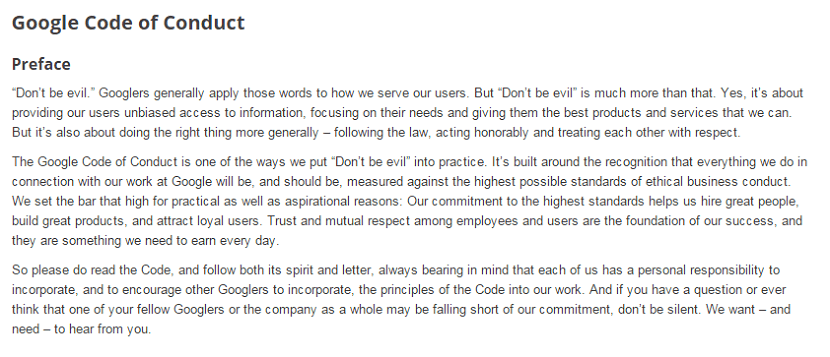 Google. ‘Do the right thing’ replaces ‘Don’t be evil’