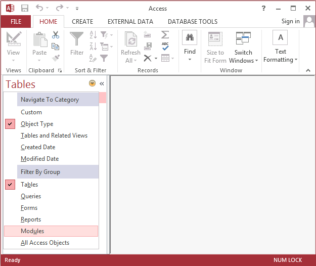 MS Access 2013 Display modules in the Navigation Pane