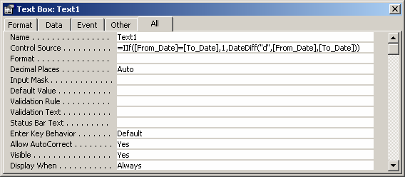 MS Access 2003 Set up a text box to display the difference between two