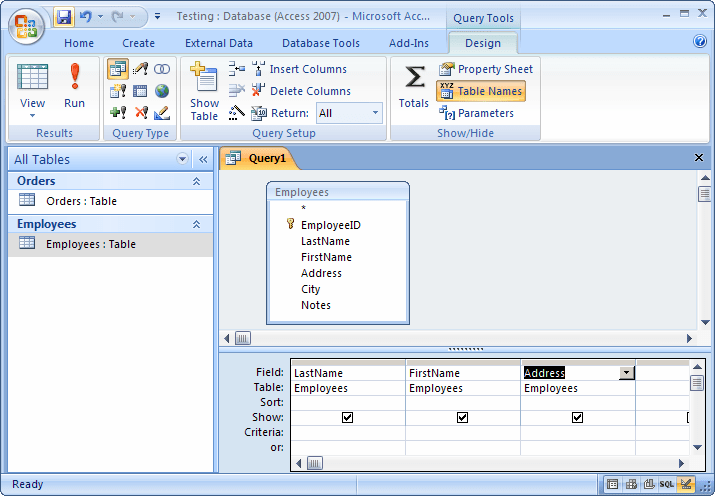 MS Access 2007 Create a query