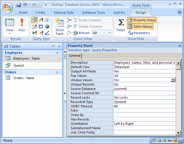 MS Access 2007 Only show unique values in a query