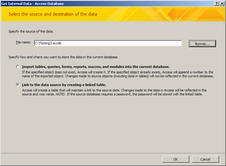 MS Access 2007 Link to a table in another database