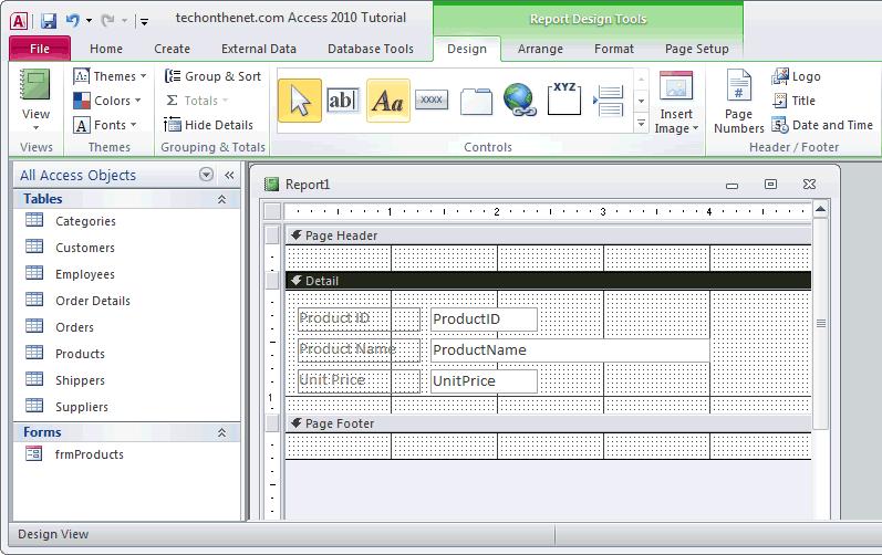 MS Access 2010 Page Header on report