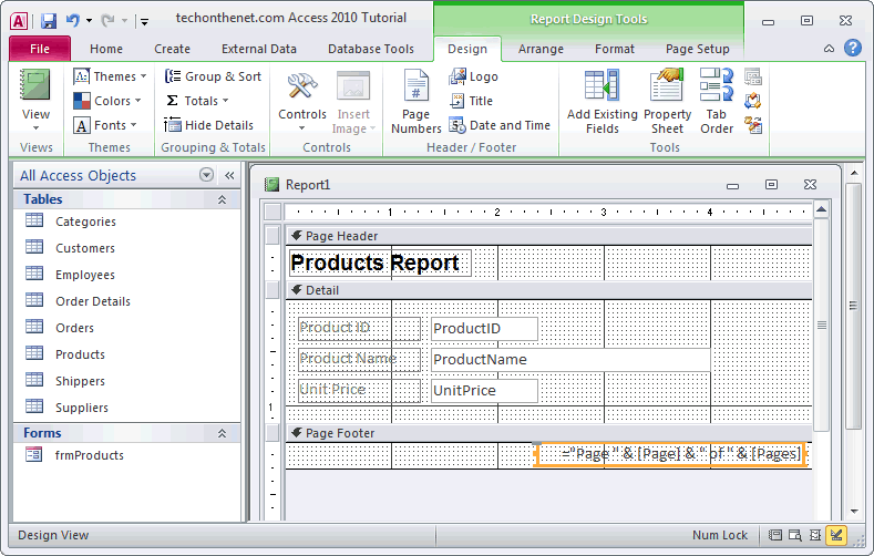 MS Access 2010 Page Numbers on report