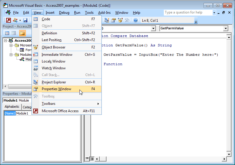 MS Access 2007 Properties Window in VBA Environment
