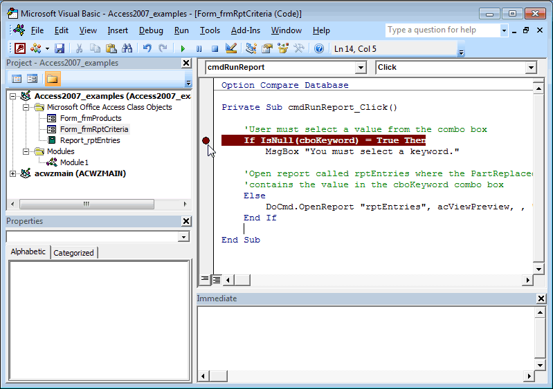 MS Access 2007 Set breakpoint in VBA