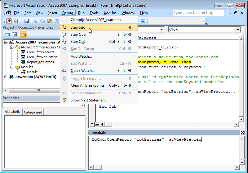MS Access 2007 Step Into VBA code