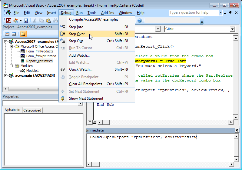 MS Access 2007 Step Over VBA code