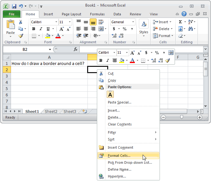 MS Excel 2010 Draw a border around a cell