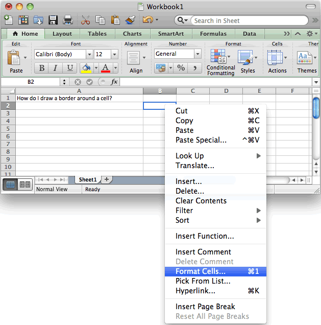 MS Excel 2011 for Mac Draw a border around a cell