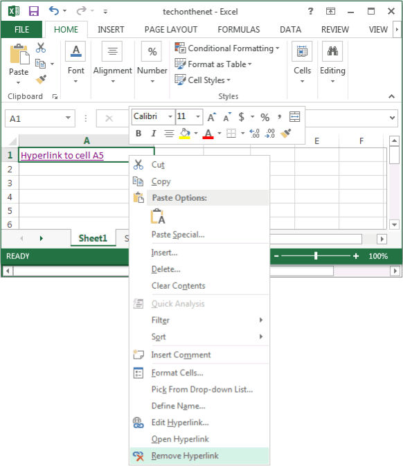 MS Excel 2013 Delete a hyperlink from a cell