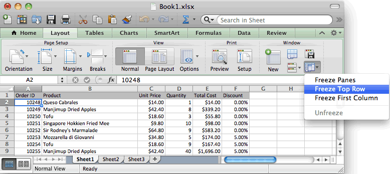 MS Excel 2011 for Mac Freeze top row