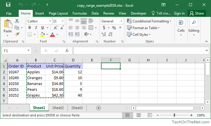 MS Excel 2016 Copy a Range