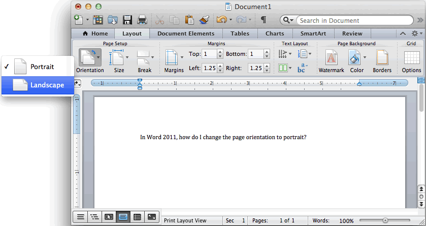 MS Word 2011 for Mac Change the page orientation to landscape