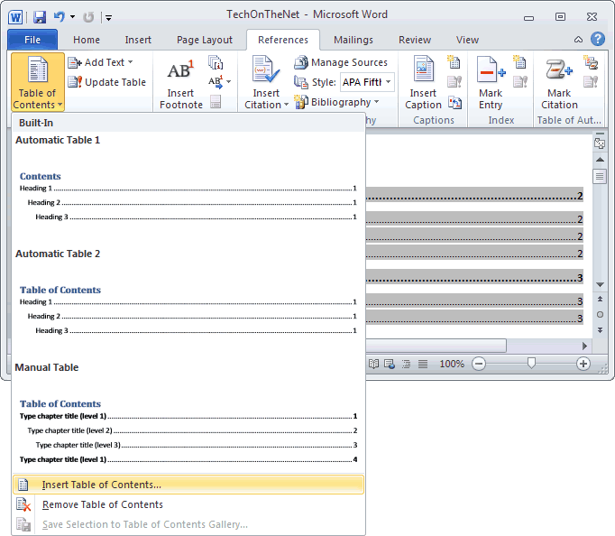 MS Word 2010 Change the number of levels displayed in table of contents