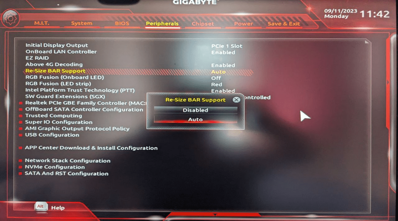 reBAR - disabled - for GIGABYTE GeForce RTX 3060 Ti Gaming OC 8GB
