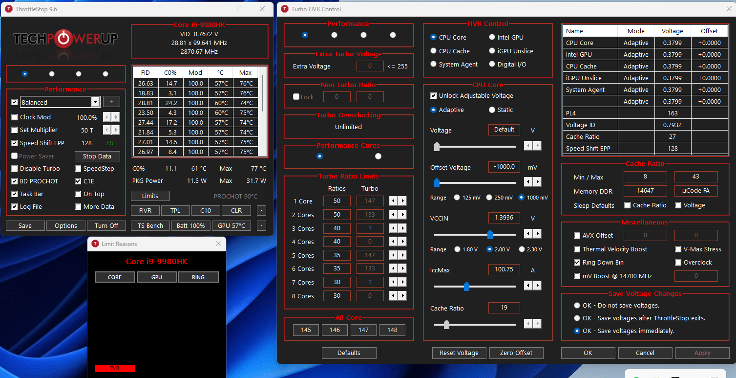 Throttlestop on DELL XPS 7590 i99980HQ weak power, too much fan
