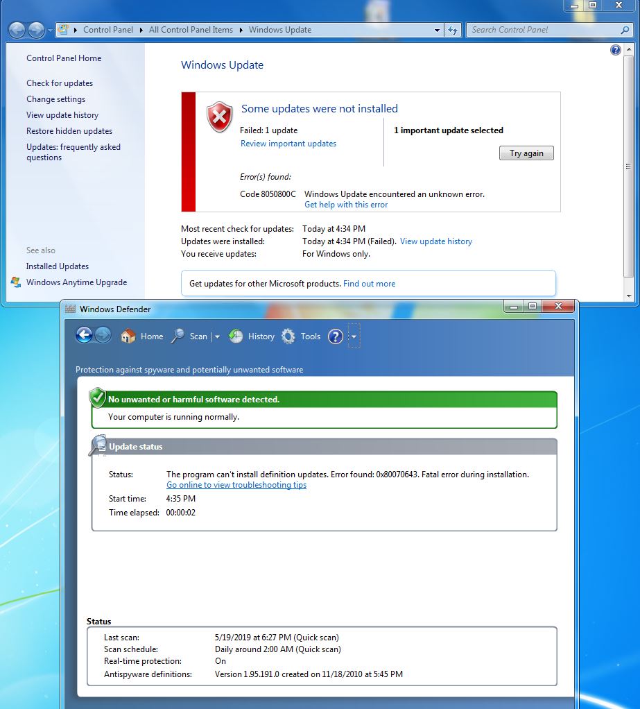 Windows Defender definition update failed Windows 7 64bit