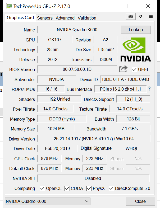 Memory speed incorrectly read - Quadro K600 | TechPowerUp Forums