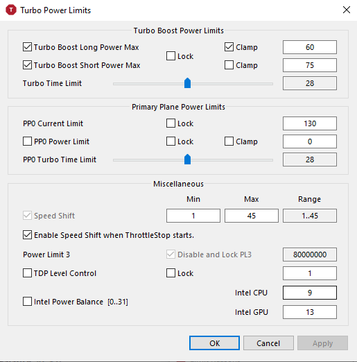 Acer Predator Helios 300 PH31753750A Throttlestop SettingsUndervolt