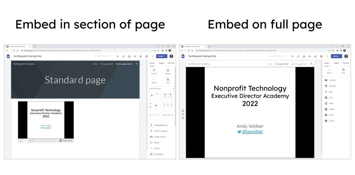 How to embed content as a full page in Google Sites